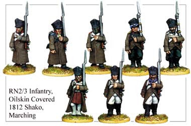 RN023 Infantry in Oilskin Covered 1812 Shako Marching